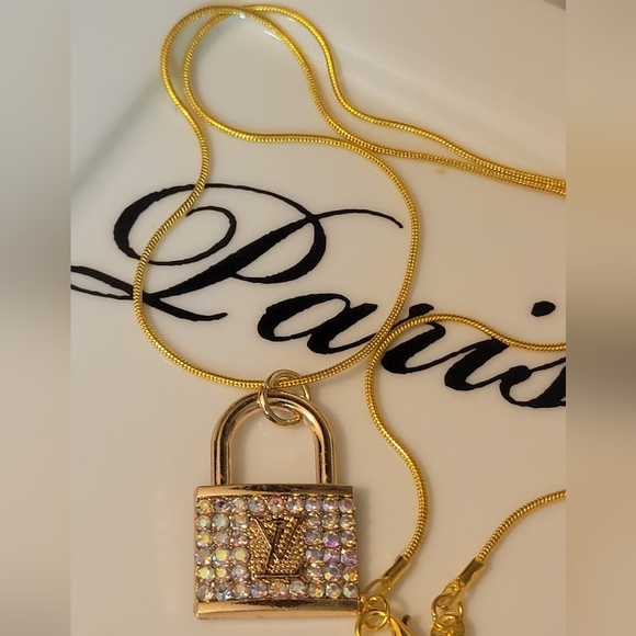 Louis Vuitton Accessories - Aurora Borealis LV Crystal Padlock Necklace 18" Gold Plated  Snake Chain NEW